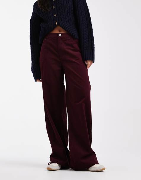 ASOS DESIGN cord wide leg trousers in burgundy pinstripe - view 1