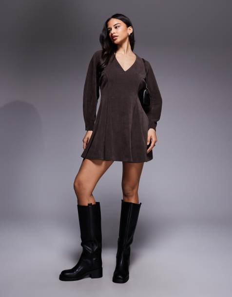 ASOS DESIGN cord wide sleeve mini swing dress in chocolate - view 1