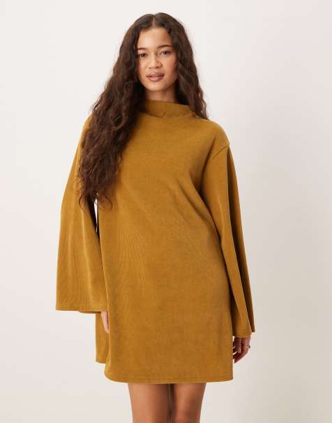 ASOS DESIGN cord wide sleeve mini swing dress in mustard