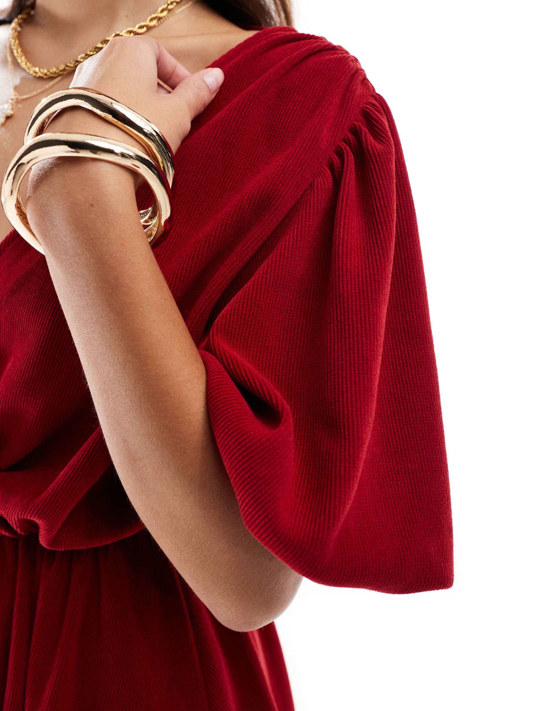 asos design cord wrap front puff sleeve mini dress in red