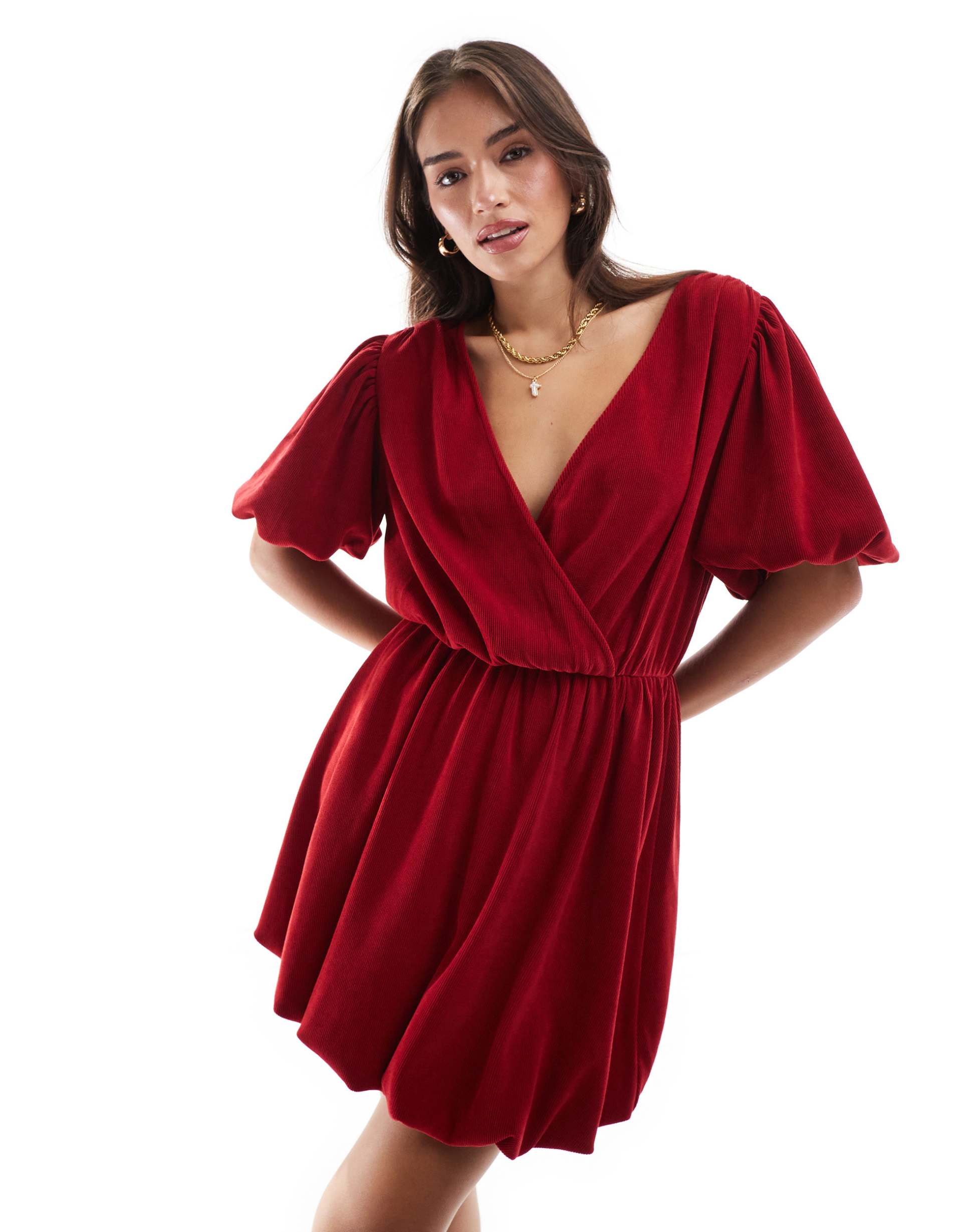 asos design cord wrap front puff sleeve mini dress in red