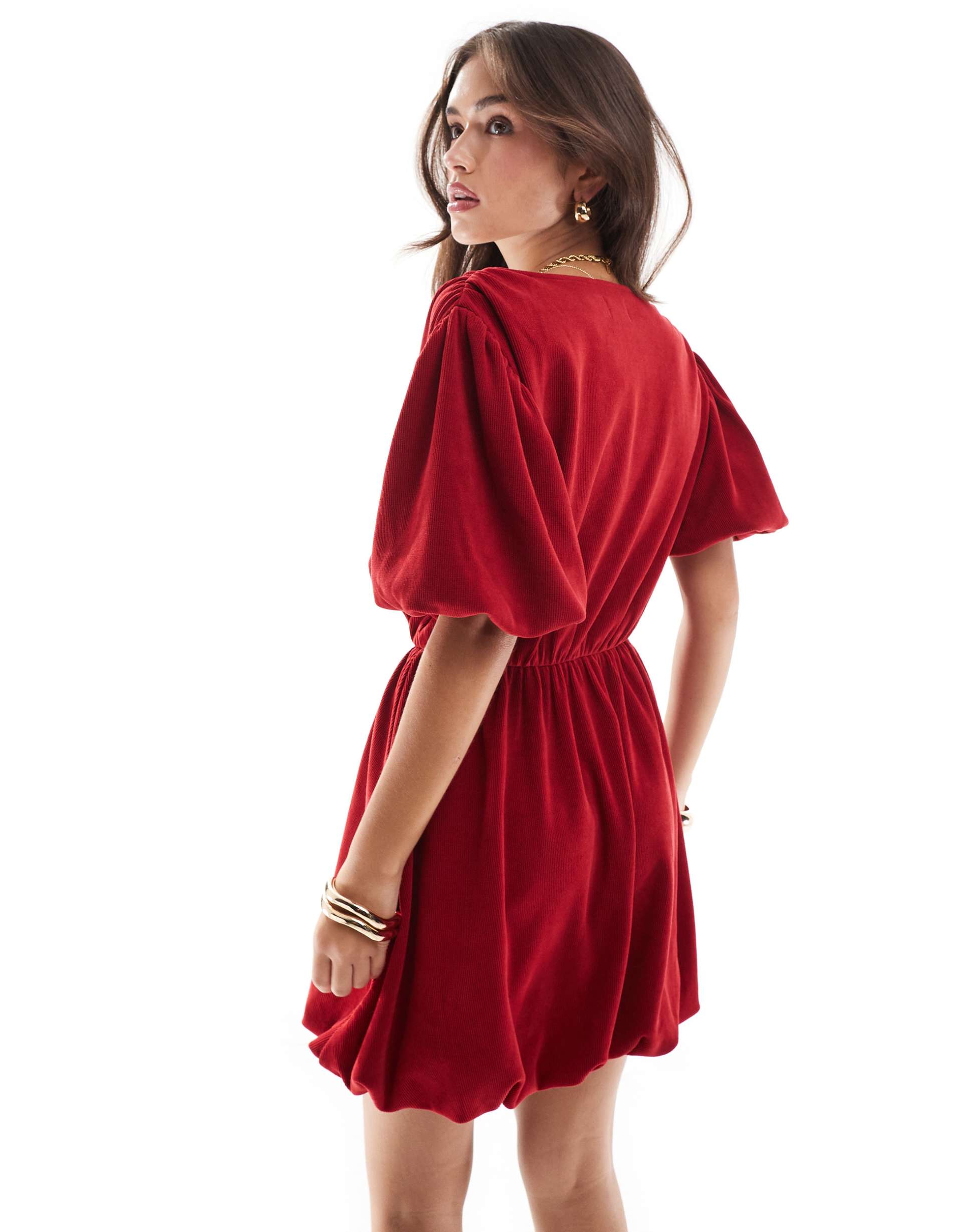 asos design cord wrap front puff sleeve mini dress in red