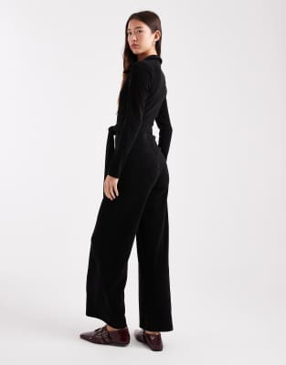 Asos Design Cord Zip Collared Wide Leg Jumpsuit In Black
