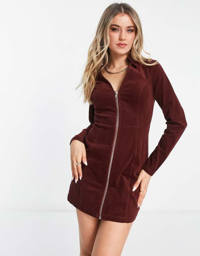 ASOS DESIGN cord zip through mini dress in rust