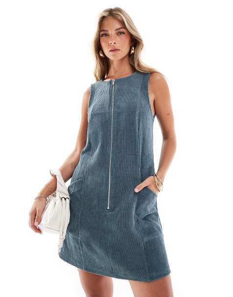 ASOS DESIGN cord zip up mini dress in slate blue - view 1