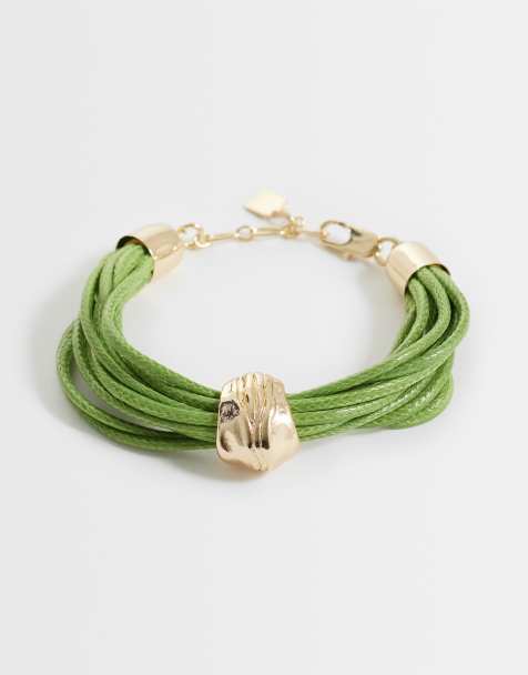 ASOS DESIGN corded bracelet in green with gold tone bead detail - view 1