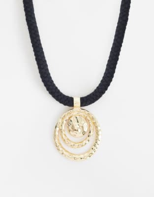 Asos Design Corded Necklace With Hammered Swirl Pendant In Black