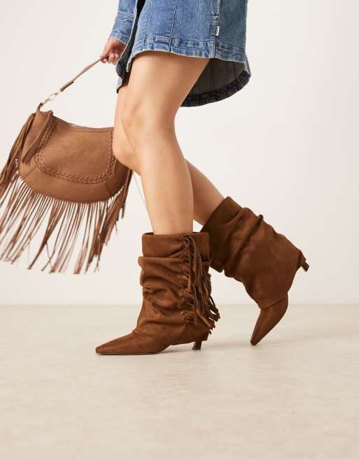 ASOS DESIGN Cordelia slouch pull on fringe boots in tan suedette