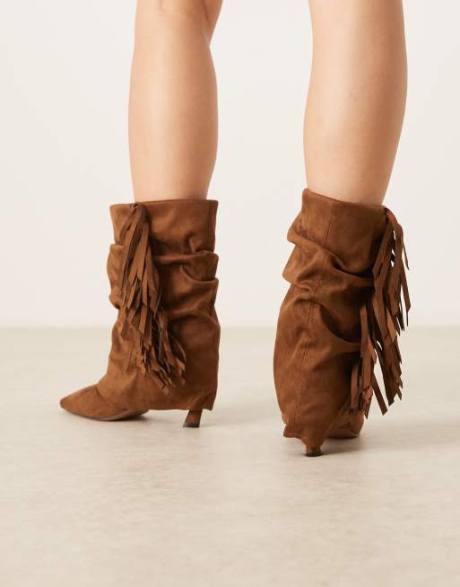 ASOS DESIGN Cordelia slouch pull on fringe boots in tan suedette