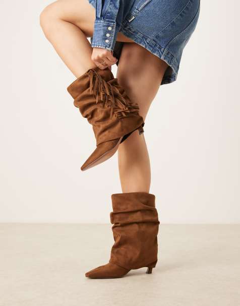 ASOS DESIGN Cordelia  slouch pull on fringe boots in tan suedette - view 1