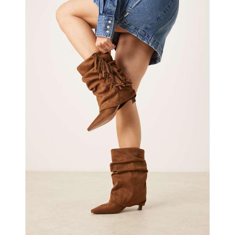 ASOS DESIGN Cordelia slouch pull on fringe boots in tan  display picture 3