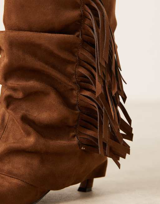 ASOS DESIGN Cordelia slouch pull on fringe boots in tan suedette