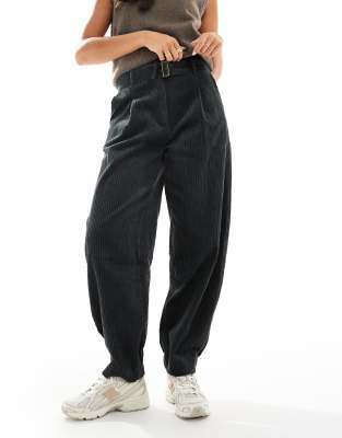 Asos Design Corduroy Barrel Leg Pants With Belt In Gray