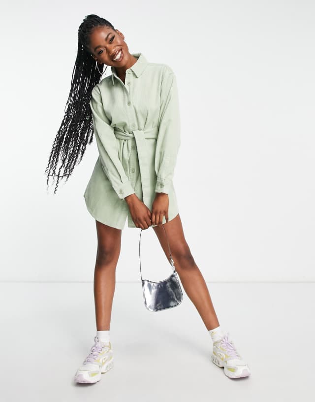 ASOS DESIGN corduroy belted shirt dress in sage