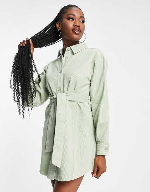 ASOS DESIGN corduroy belted shirt dress in sage