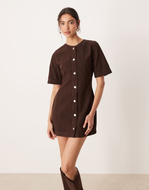 ASOS DESIGN corduroy button through mini dress in chocolate brown - view 1