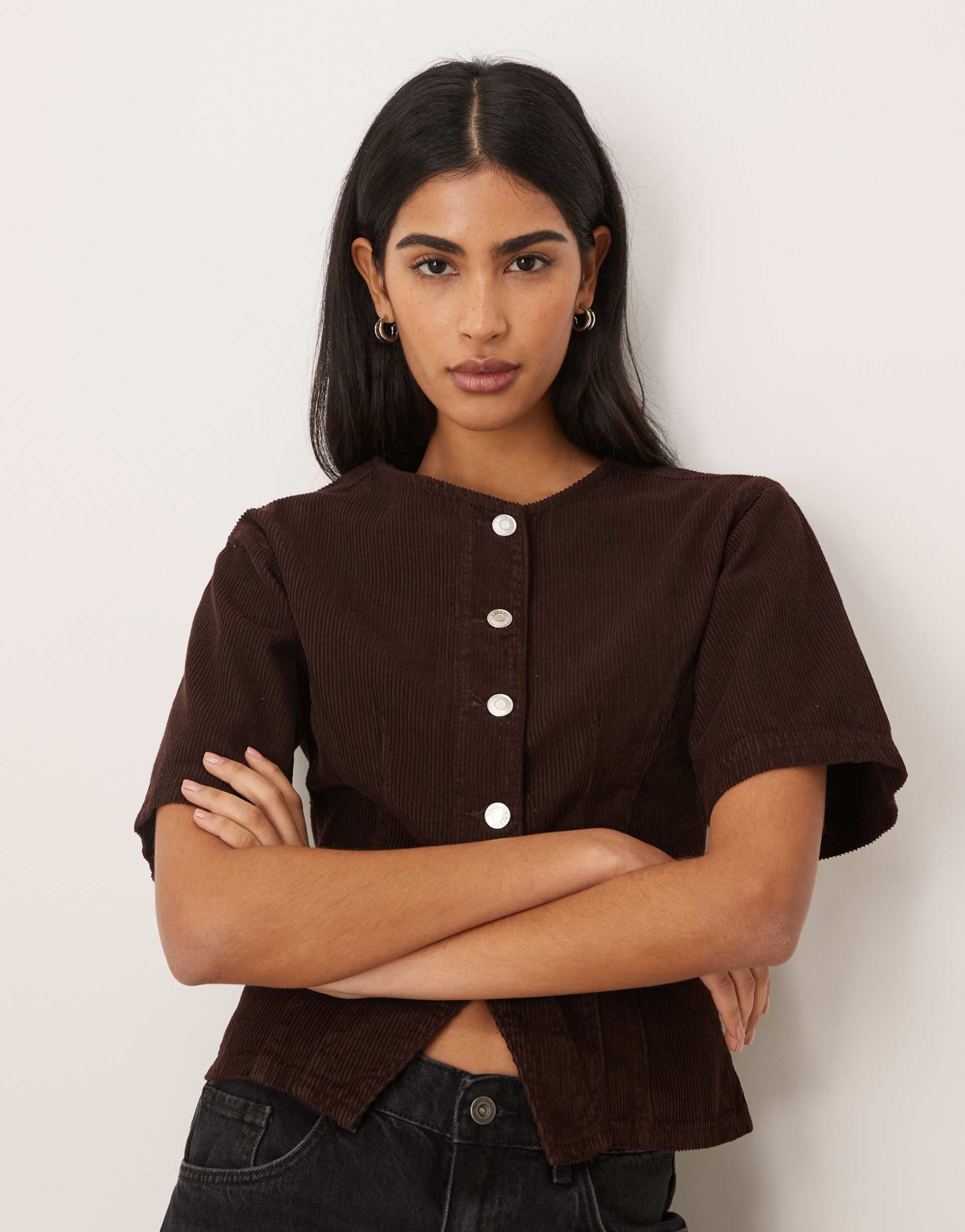 asos design corduroy cinch top in chocolate brown