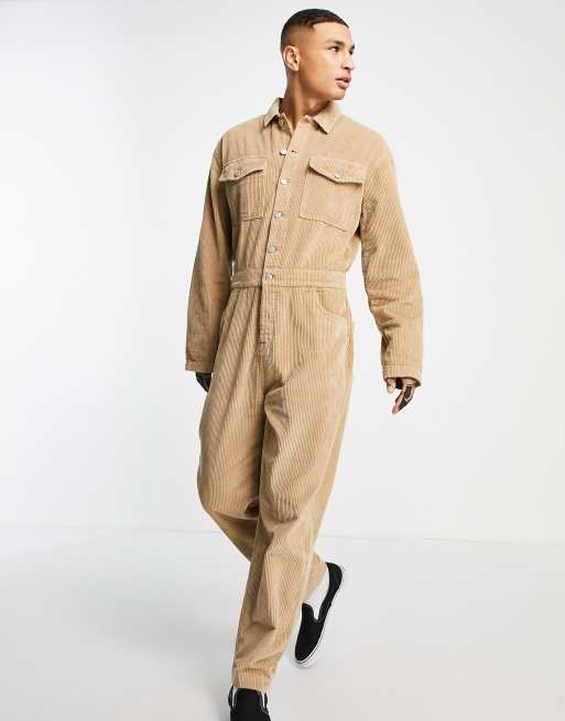 ASOS DESIGN corduroy coveralls in stone