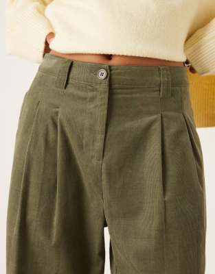 Asos Design Corduroy Cuffed Hem Wide Leg Pants In Green
