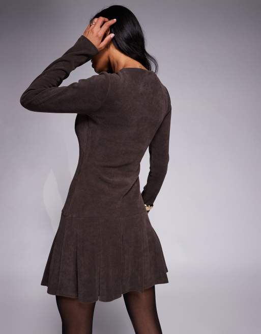 ASOS DESIGN corduroy drop waist mini dress with pleated skirt in chocolate