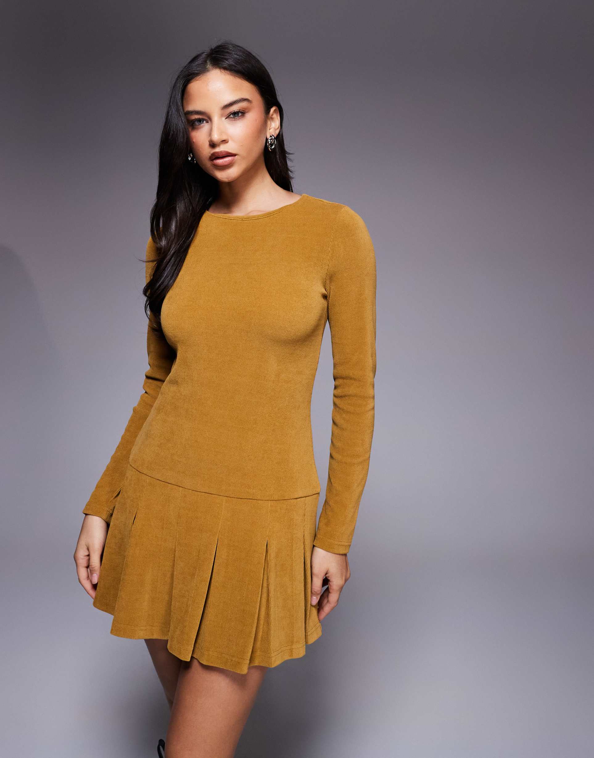 asos design corduroy dropped waist mini dress with pleated skirt in mustard