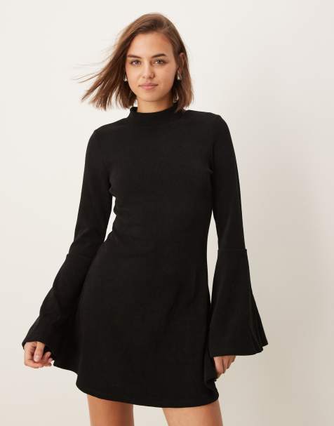 ASOS DESIGN corduroy flared sleeve mini dress in black - view 1