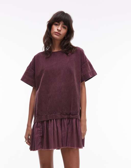 ASOS DESIGN corduroy hybrid T-shirt mini dress in washed washed cherry