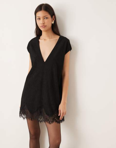 ASOS DESIGN corduroy lace trim mini shift dress in black - view 1