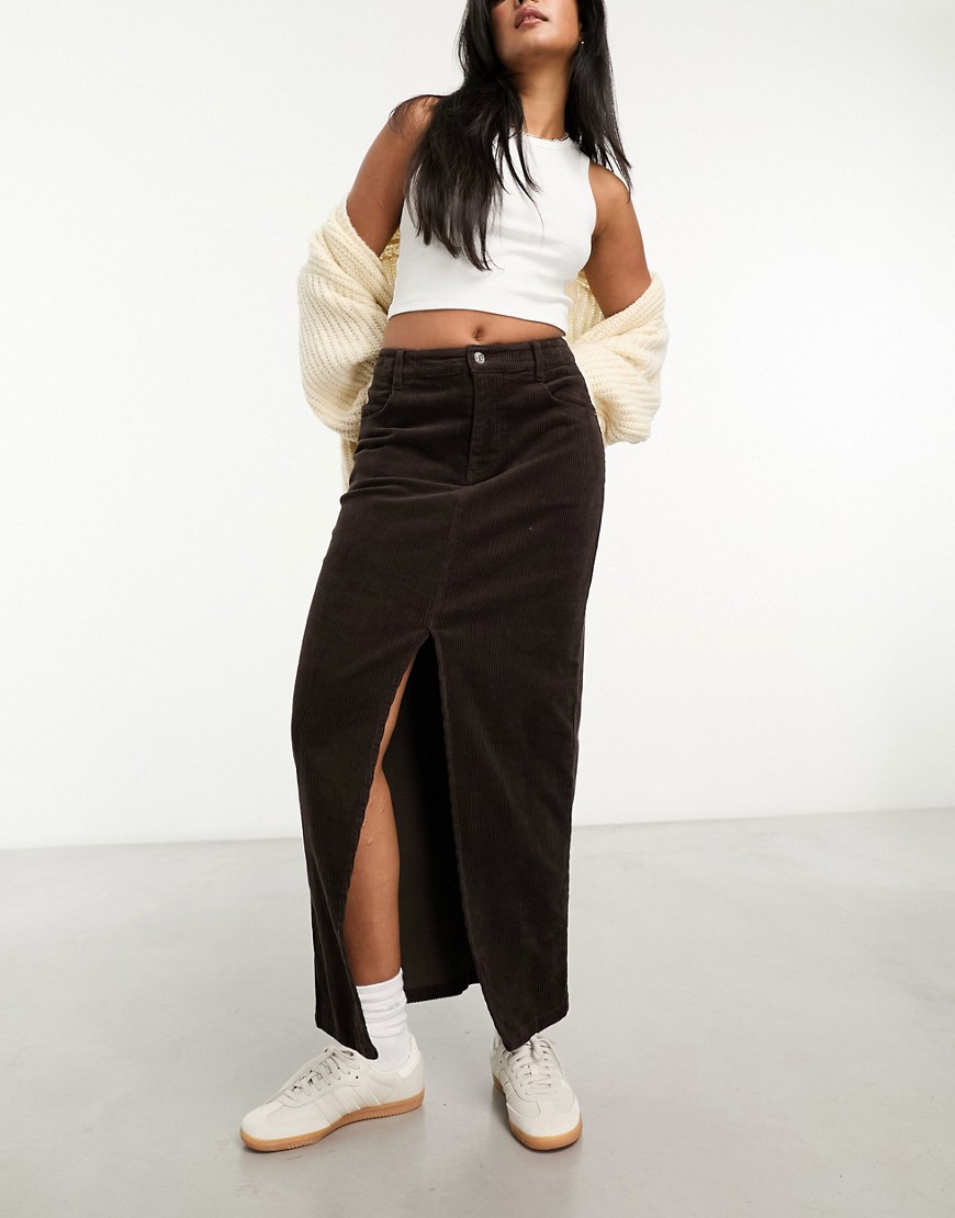 Asos Design Corduroy Maxi Skirt In Chocolate-brown