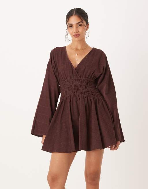 ASOS DESIGN - Corduroy mini jurk met V-hals en gerimpelde taille en mulberry, 4 van 4