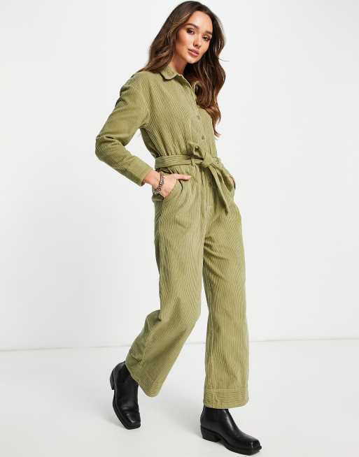 ASOS DESIGN - Corduroy overall met gestrikte taille in groen
