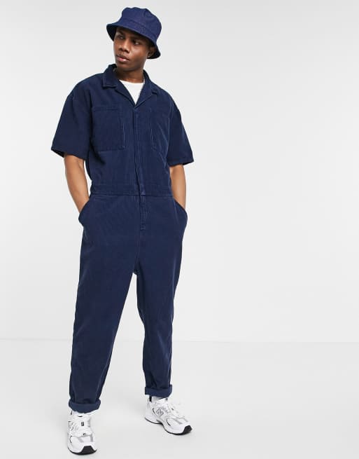 ASOS DESIGN - Corduroy overall met korte mouwen in marineblauw