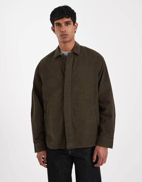 ASOS DESIGN corduroy overshirt with concealed buttons in dark khaki green - view 1