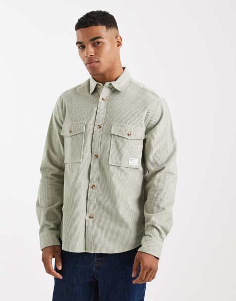 ASOS DESIGN corduroy overshirt with workwear badge in sage green - view 1