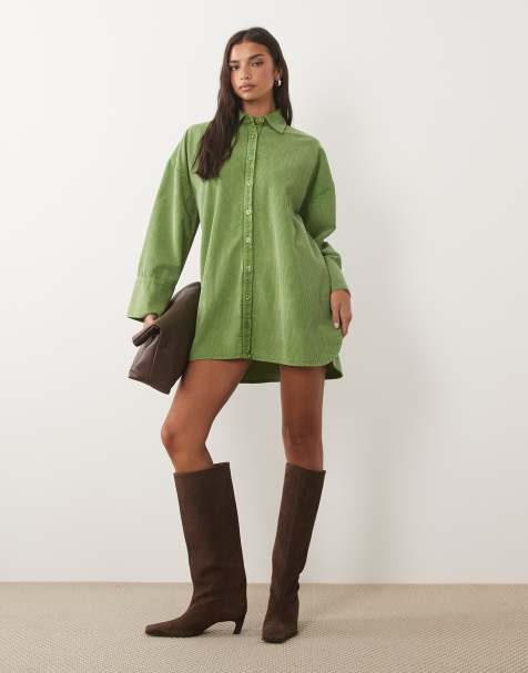 ASOS DESIGN corduroy oversized mini shirt dress in washed green - view 1