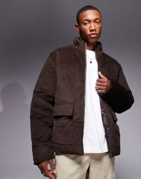 ASOS DESIGN corduroy puffer jacket in brown - view 1