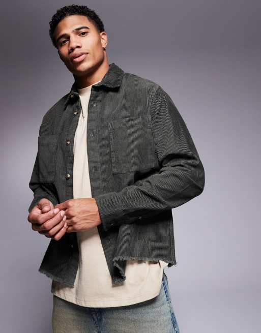 ASOS DESIGN corduroy shirt with raw hem and back embroidery in green, 2 of 4