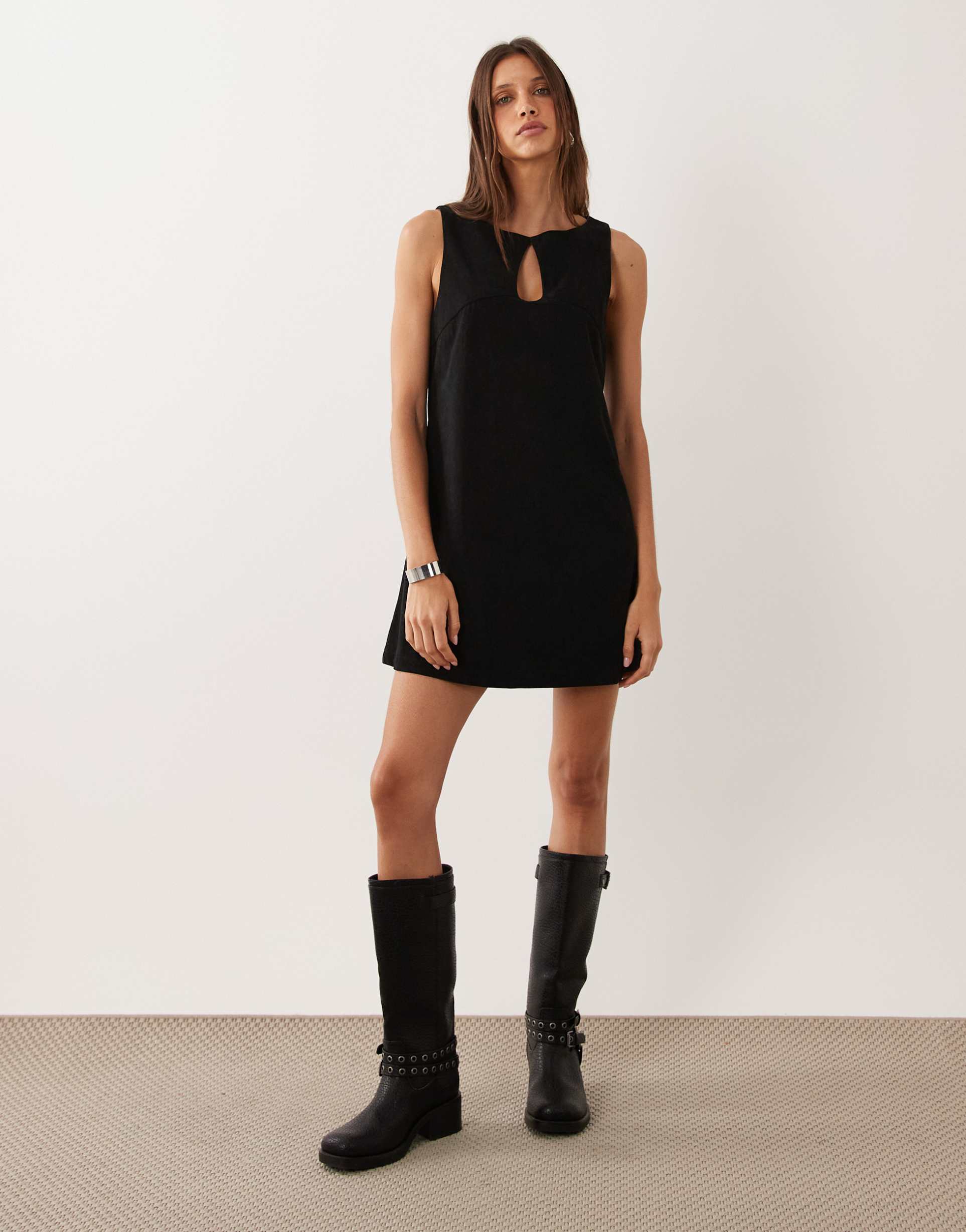 asos design corduroy slash neck keyhole mini dress in black