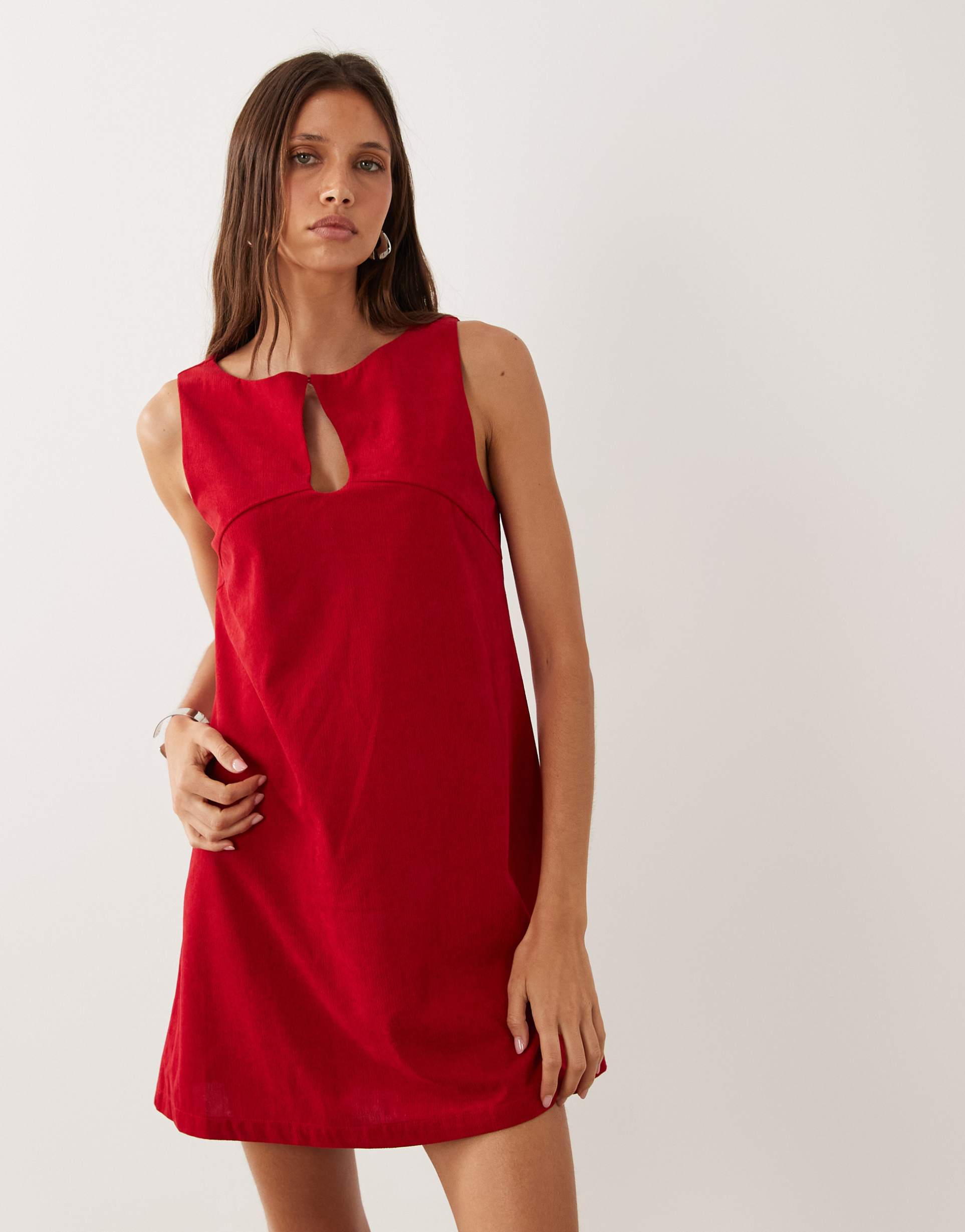 asos design corduroy slash neck keyhole mini dress in red