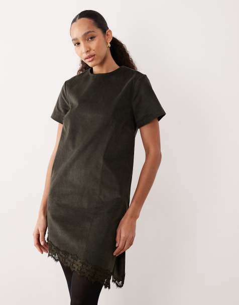 ASOS DESIGN corduroy t-shirt midi dress with asymmetric lace hem in olive - view 1