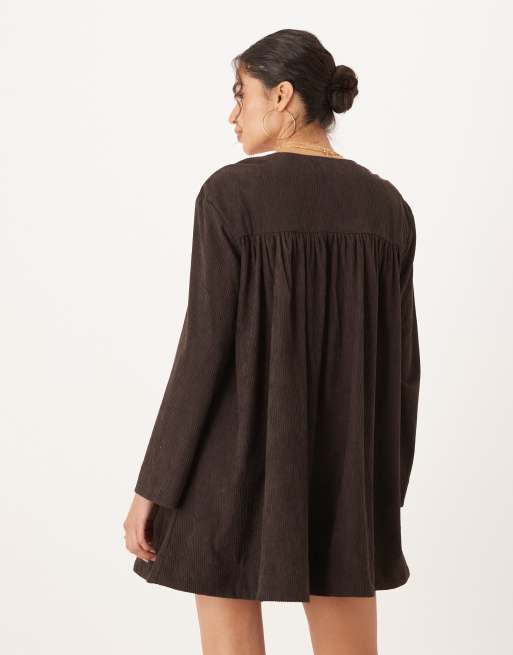 ASOS DESIGN corduroy tie front mini smock dress in chocolate