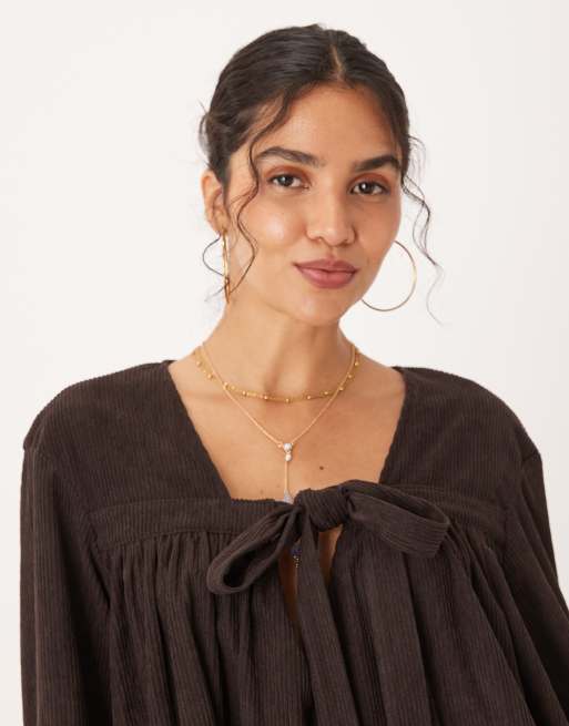 ASOS DESIGN corduroy tie front mini smock dress in chocolate