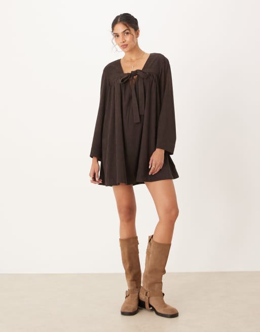 ASOS DESIGN corduroy tie front mini smock dress in chocolate