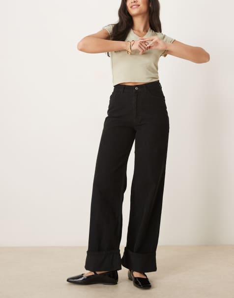 ASOS DESIGN corduroy turn up trouser in black