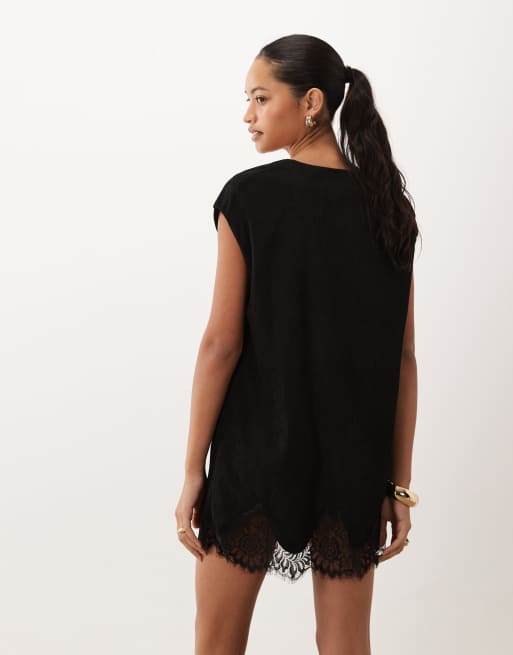 ASOS DESIGN corduroy v-neck lace trim mini shift dress in black, 4 of 4
