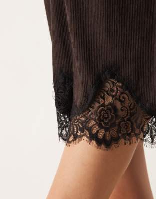 Asos Design Corduroy V-neck Lace Trim Mini Shift Dress In Brown