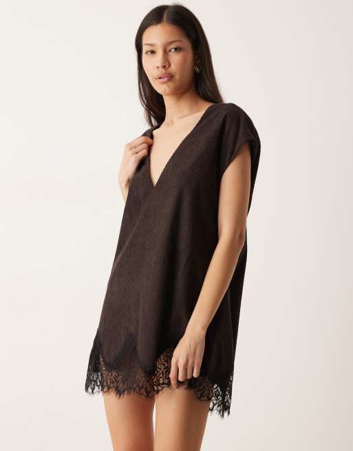ASOS DESIGN cord v neck lace trim mini shift dress in chocolate