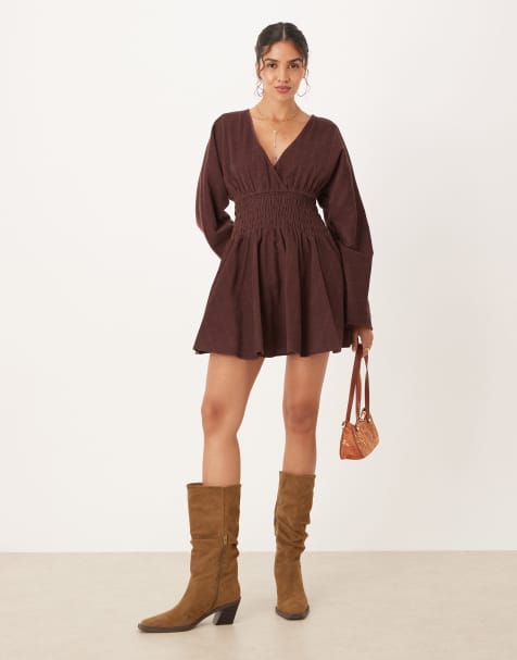ASOS DESIGN corduroy v neck mini dress with shirred waist in mulberry - view 1