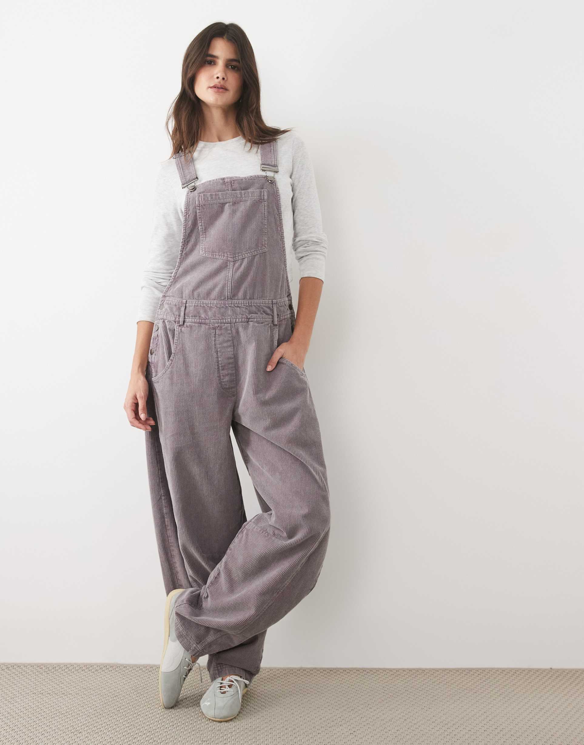 ASOS DESIGN corduroy wide leg overalls in washed taupe