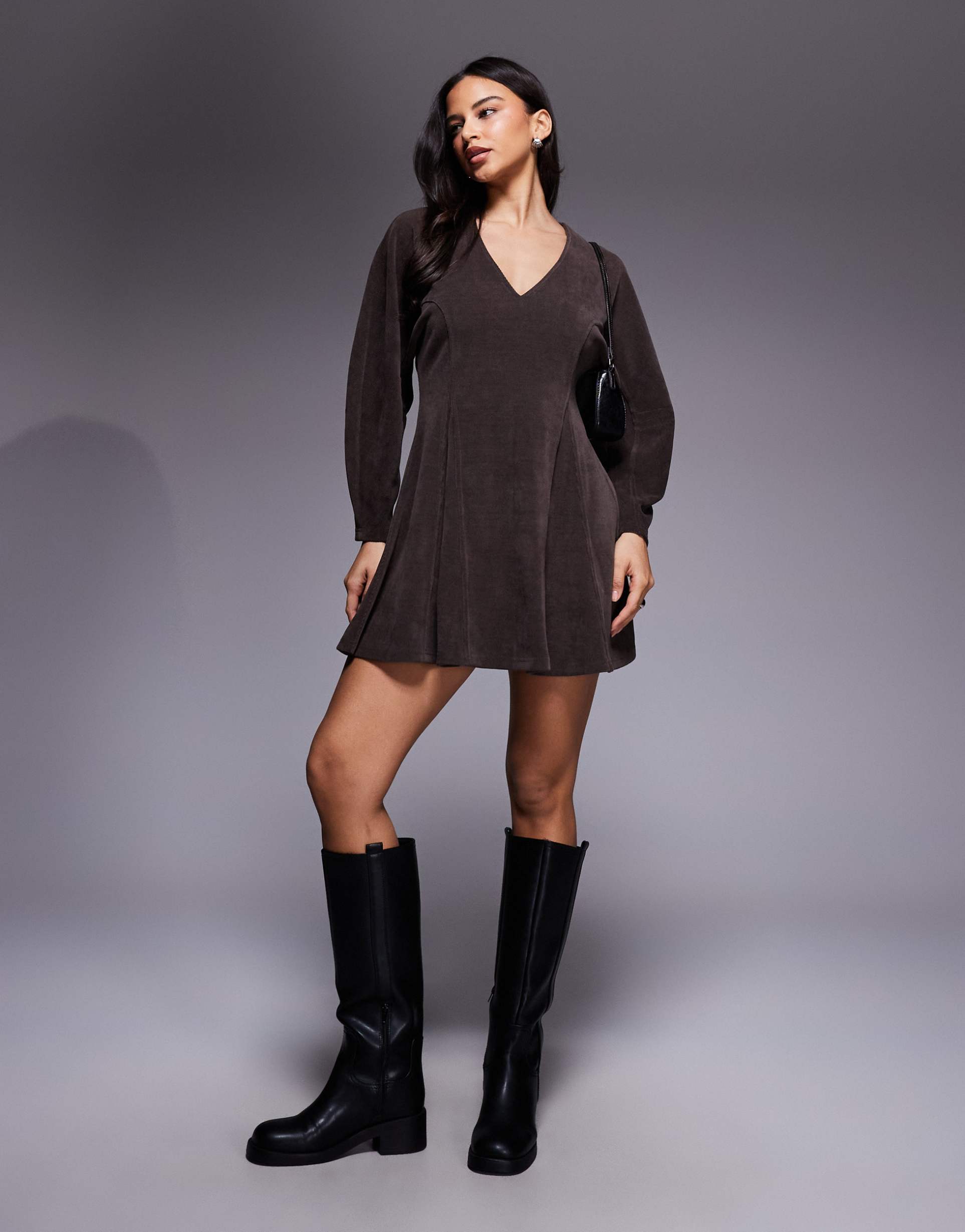 asos design corduroy wide sleeve mini swing dress in chocolate